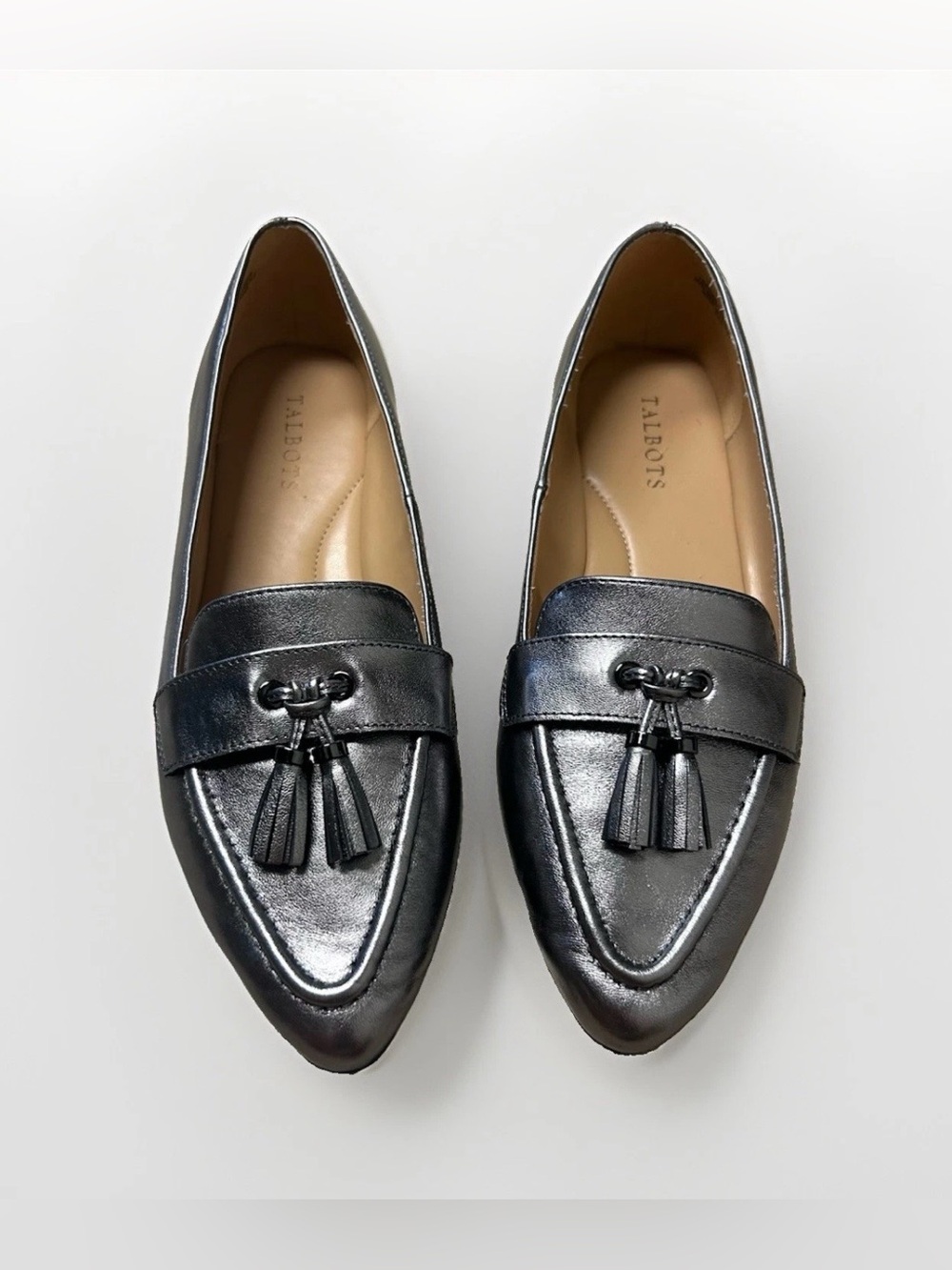 Talbots Loafers Francesca Tasseled 9.5M Metallic Silver Leather Driving Flats
